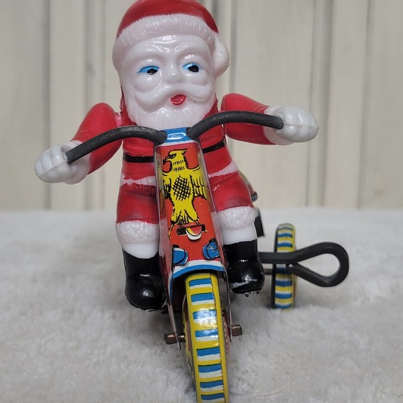 VTG Japan Mechanical WindUp Tin Celluloid Bell Toy Santa Bike Tricycle✨️WORKS - Picture 2 of 13